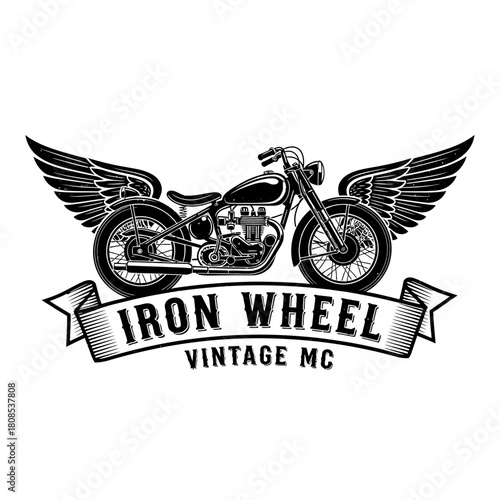 Vintage Motorcycle with Wings and Iron Wheel Vintage MC Banner.