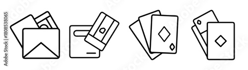 Financial transactions and playing cards vector line icons set.