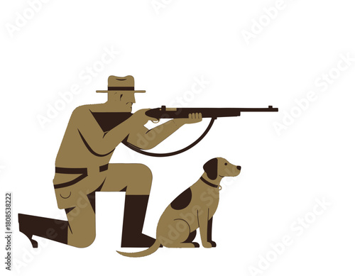 Hunter with Dog Aiming Rifle Illustration