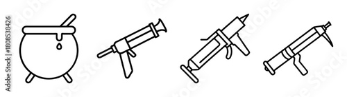 Industrial caulking gun and cauldron mixing pot outline icons