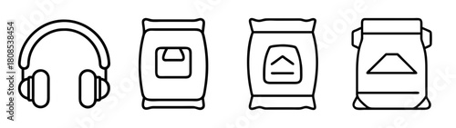 Outline icons: headphones, packaging, delivery, storage sacks.
