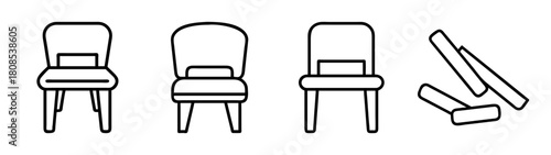 Line art icons of various chairs and disassembled furniture parts