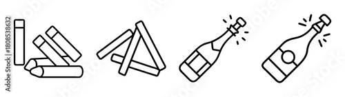 Chalk sticks and celebratory champagne bottle pop line icons