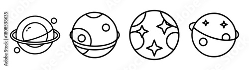 Outer space cosmic planets icon set, universe celestial bodies