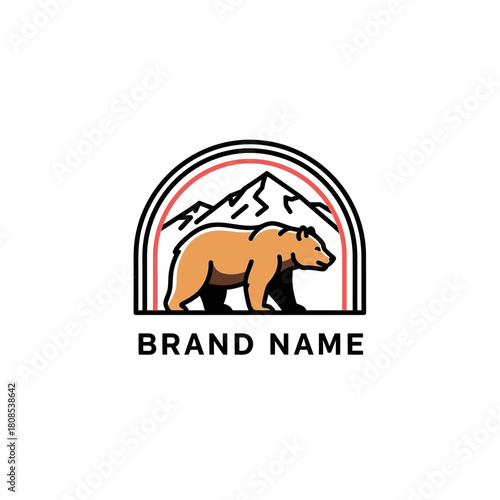 Walking brown bear and mountain peak logo design illustration.