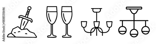 Diverse icons: sword in stone, champagne glasses, two chandeliers