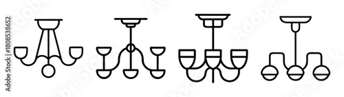 Minimalist chandelier and ceiling lamp line icons collection set.