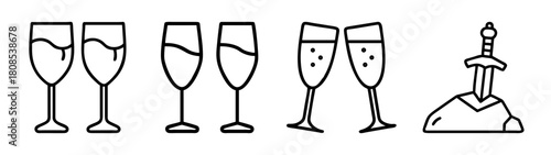 Celebration and legend icons set with drinks and sword in stone