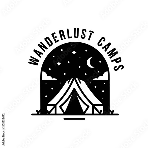 Wanderlust Camps Logo Design Featuring a Tent Under a Starry Night Sky.