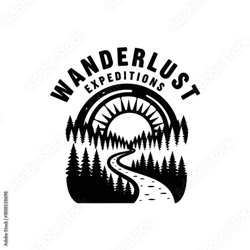 Wanderlust Expeditions Logo Design Featuring a Scenic Landscape.