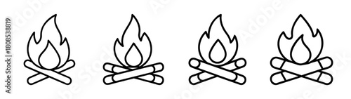 Campfire icon line art set, bonfire logo, outdoor camping sign