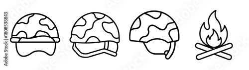 Army helmets and campfire line art vector icons for military theme