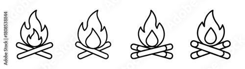 Campfire flame icon set line art vector graphic camp fire sign.