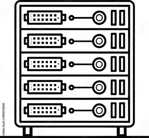 Illustration of a server rack with multiple units and connections in a black and white style