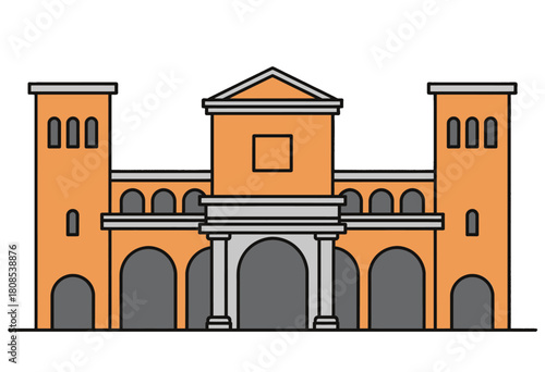 Orange classical building illustration with arches