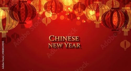 Red background with many illuminated chinese lanterns and the text chinese new year in the center