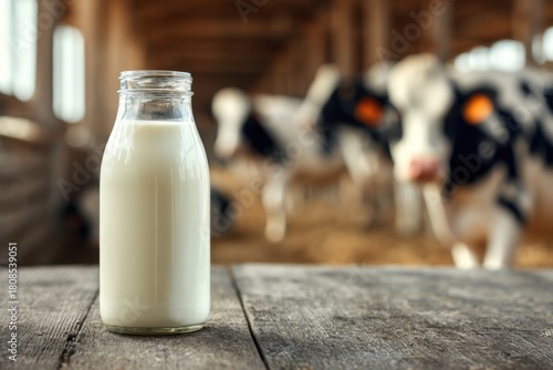 Fresh Milk in Glass Bottle on Rustic Wooden Table with Cows