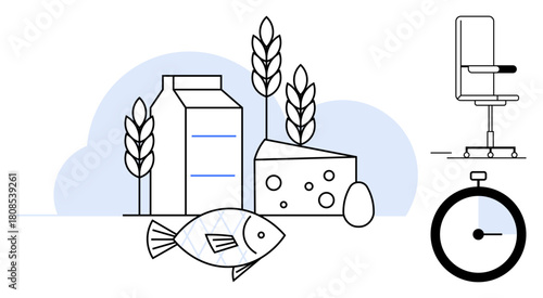 Milk carton, cheese, fish, egg, wheat stalks, chair, stopwatch with minimal style. Ideal for health, nutrition food strategy time management agriculture wellness and lifestyle simple flat