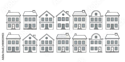 Set of minimalist house illustrations with varied roof styles