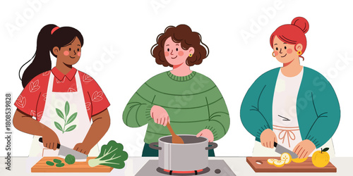 Three women cooking together in a kitchen