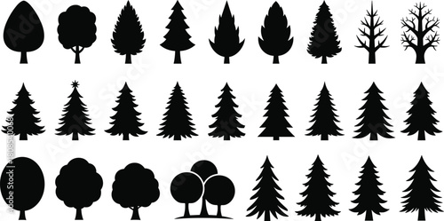 Set of black silhouettes of pine, fir, and deciduous trees, forest nature vector collection, isolated on white background.