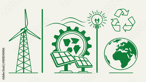Green Energy and Sustainability Solid Icon Set – Eco-Friendly Power Symbols, Renewable Resources, and Environmental Conservation Vector Graphics