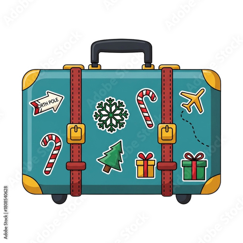Cartoon Christmas Travel Suitcase with Holiday Stickers like North Pole, Snowflake, Candy Cane, Tree, and Gifts Isolated on Transparent Background Vector Illustration