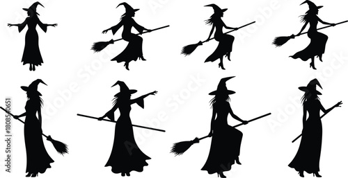 Witch silhouette, flying broomstick, Halloween theme, magical character, pointed hat, spooky pose, fantasy figure, black dress, gesture, mystery