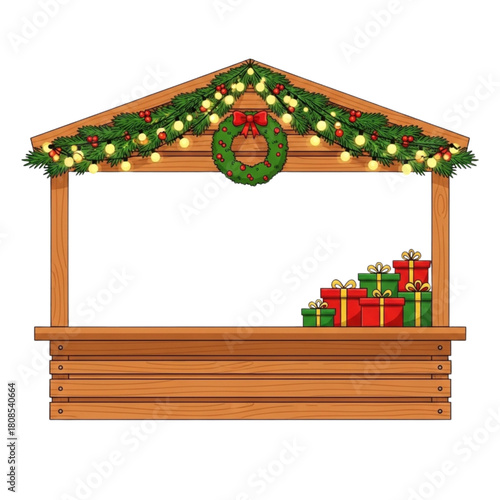 Cartoon Christmas Market Stall Booth with Lights, Wreath, Garlands, and Stacked Gifts Isolated on Transparent Background Vector Illustration