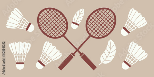 Badminton rackets and shuttlecocks, minimal flat design, isolated