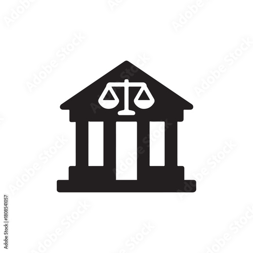 Minimal Black Court Building Icon with Justice Scale for Law, Government, Legal Services, UI, App, and Map Design