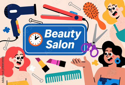 Beauty salon vector, colorful hairstyling and makeup concept