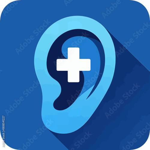 Blue ear icon with medical cross minimal flat design isolated