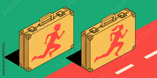 Briefcases with running silhouettes, minimal design, gender symbols