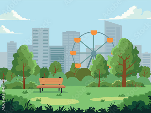 City Park. A beautiful city park among green trees and grass against the backdrop of large skyscrapers and buildings. The concept of a comfortable and environmentally friendly city.