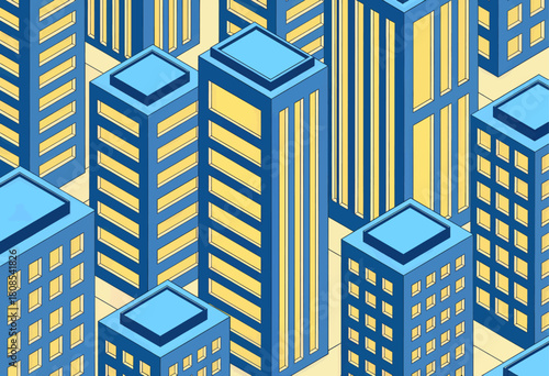City skyline vector with tall buildings, modern isometric design