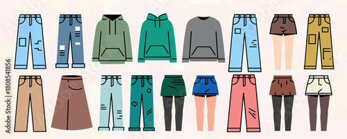 Colorful casual clothing set, minimal flat design, isolated