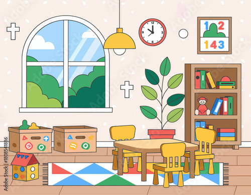 Colorful classroom interior illustration with toys and books, minimal style