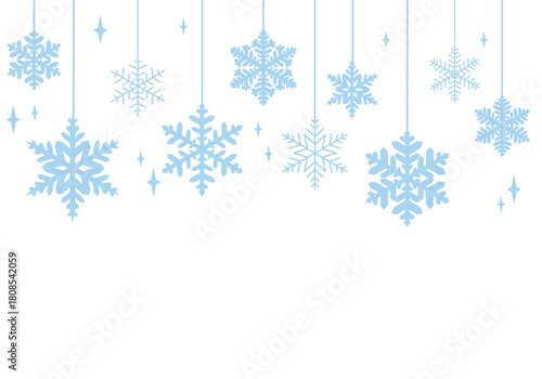 Blue snowflake garland on white background. Snow banner, vector snowflake decorative header, winter holiday design with copy space