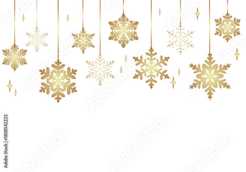 Golden snowflake garland on white background. Snow banner, vector snowflake decorative header, winter holiday design with copy space