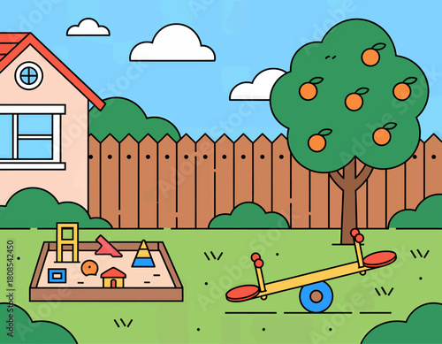 Colorful playground illustration with house and sandbox, flat style