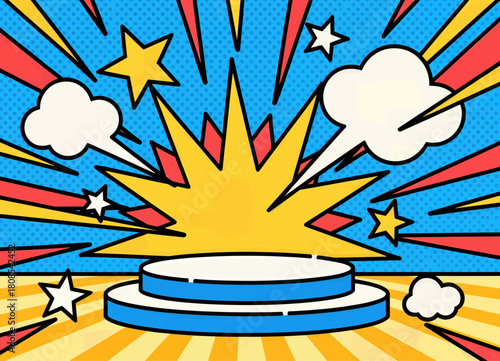 Colorful podium with explosive background, comic style