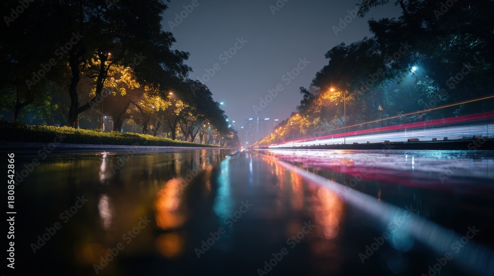 Fototapeta premium City street at night reflection