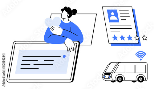 Person reviewing digital documents and rating profiles on a tablet, alongside a tech-enabled bus with wireless signal. Ideal for online collaboration, remote work, smart systems, rating