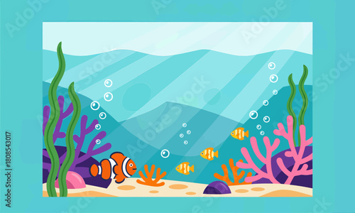 Colorful underwater scene with clownfish and coral reef, flat design
