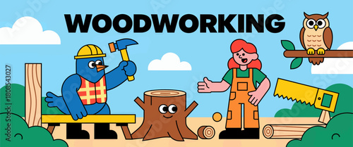 Colorful woodworking scene with characters and tools, vector illustration