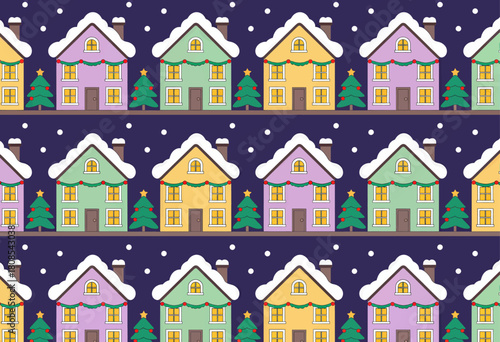 Colorful winter houses with snowy rooftops and holiday decorations