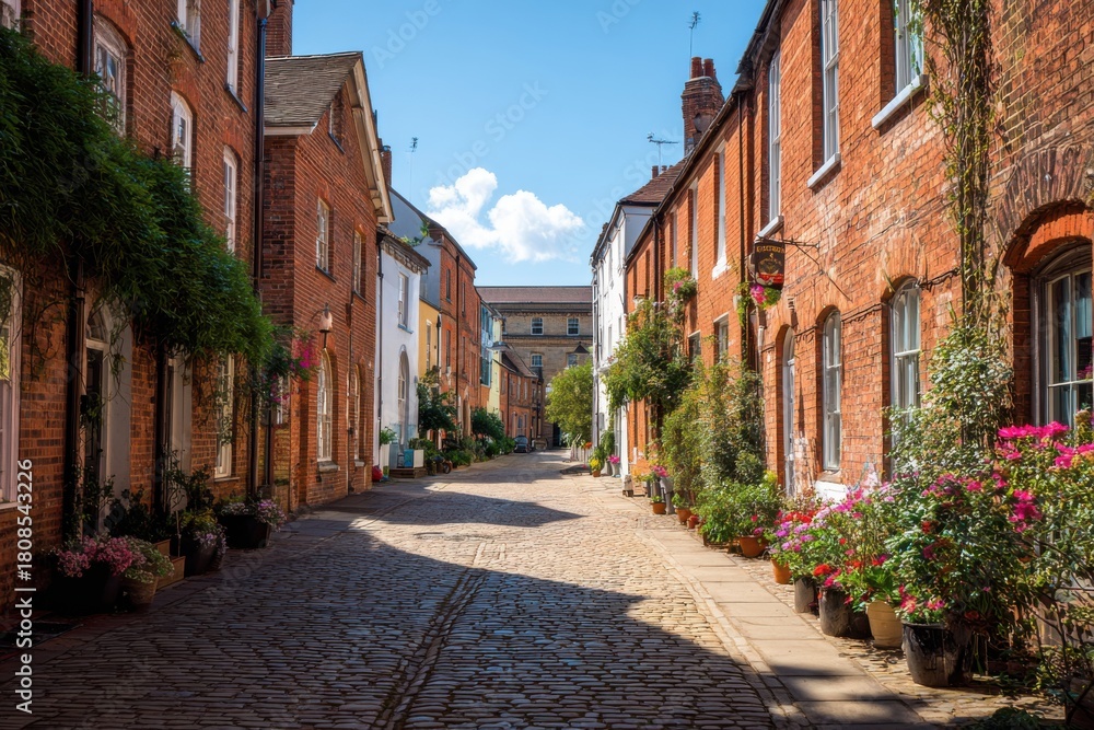 Fototapeta premium Charming Cobblestone Street with Colorful Flowers in Historic Town