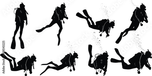 Set of black silhouettes of scuba divers swimming underwater with bubbles, water sport vector illustration, isolated on white background.