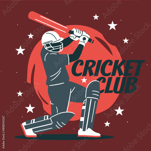 Cricket player batting, minimal vector design, isolated on red background